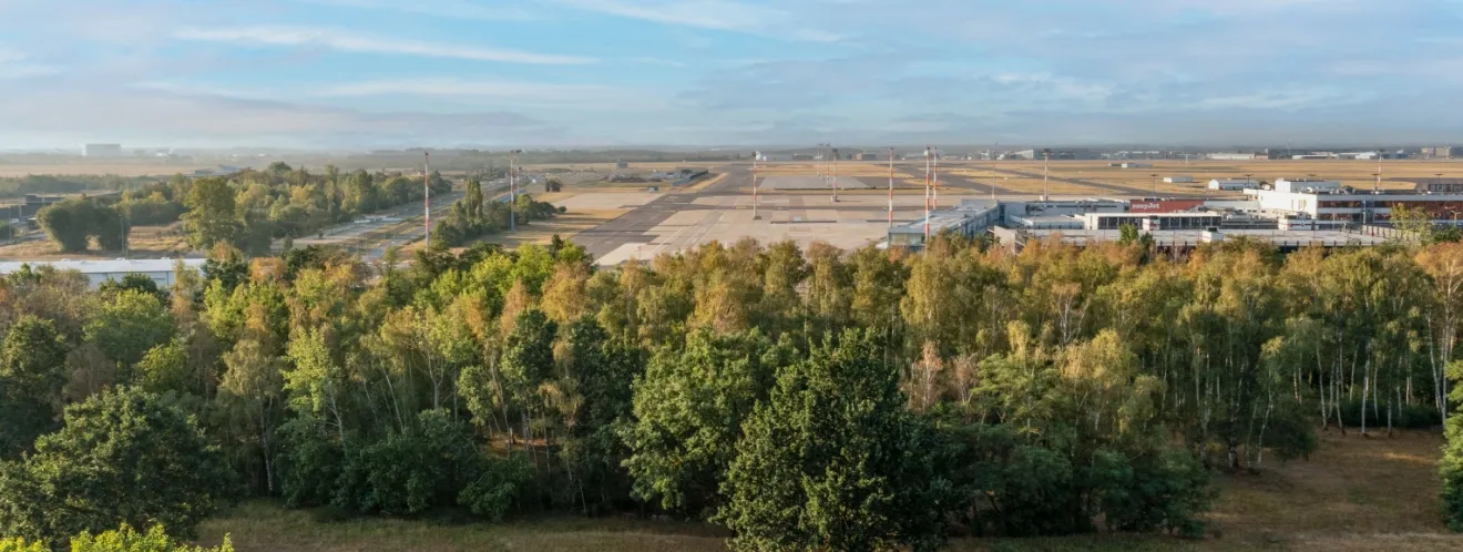 Aussicht auf grüne Landschaft und Flughafenlandebahn